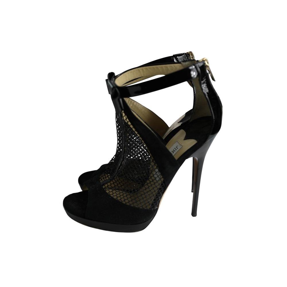 Jimmy Choo Black Mesh Suede Patent Bow Platform Sandals Heels 37.5 Made in Italy